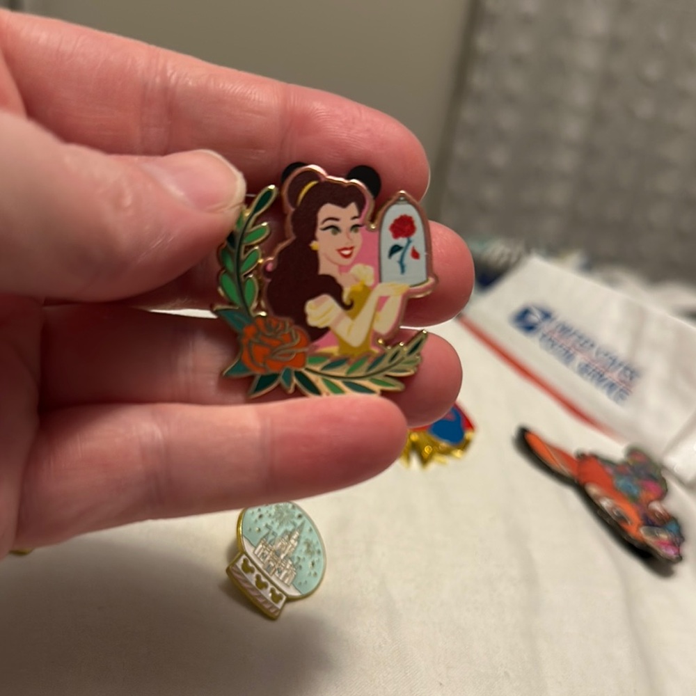 Disney Belle Enamel Pin with Rose and Greenery